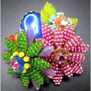 STANLEY HAGLER Gorgeous Vibrant Glass Bead Flowers Vintage Pin Brooch